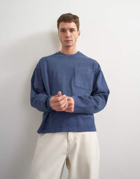 Topman relaxed fit long sleeve heavyweight t-shirt in washed navy - view 1
