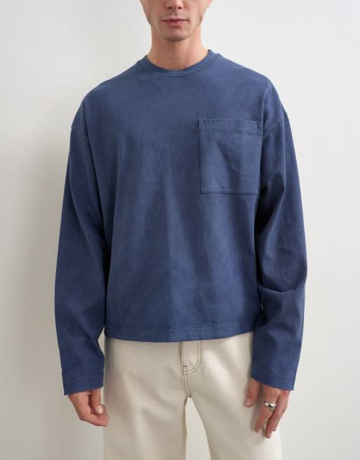 Topman relaxed fit long sleeve heavyweight t-shirt in washed navy, 2 of 5