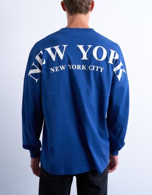 Topman Topman relaxed fit long sleeve New York City print t-shirt in cobalt-Blue