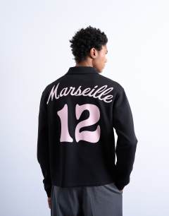 Relaxed fit long sleeve sports polo shirt with Marseille back embroidery in black 