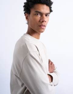 Model wearing Relaxed fit long sleeve t shirt in stone