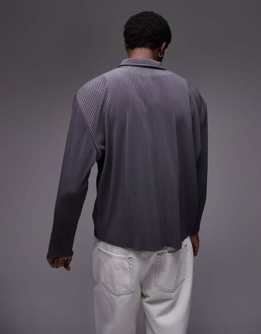 Topman relaxed fit long sleeve zip up plissé polo shirt in charcoal, 2 of 4