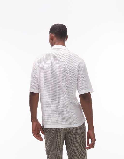 Topman relaxed fit open knit floral patch button through polo in white, 4 of 4