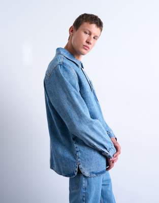 Topman Topman relaxed fit overhead denim shirt in mid wash-Blue