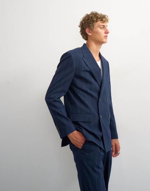 Topman relaxed fit pinstripe double breasted blazer in navy, 3 of 5