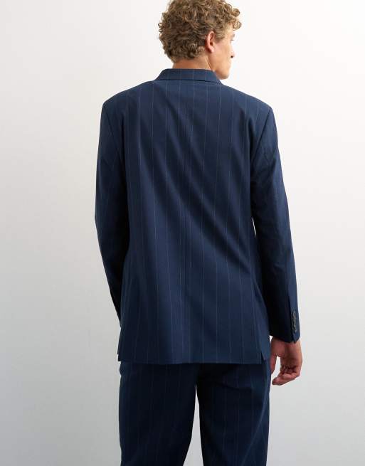 Topman relaxed fit pinstripe double breasted blazer in navy, 4 of 5
