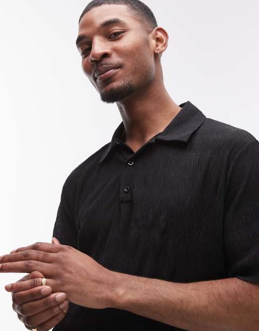 Topman relaxed fit plisse polo in black, 2 of 4