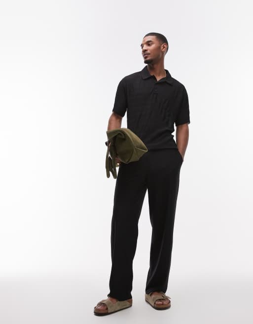 Topman relaxed fit plisse polo in black, 3 of 4