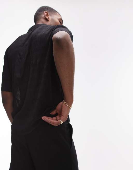 Topman relaxed fit plisse polo in black, 4 of 4