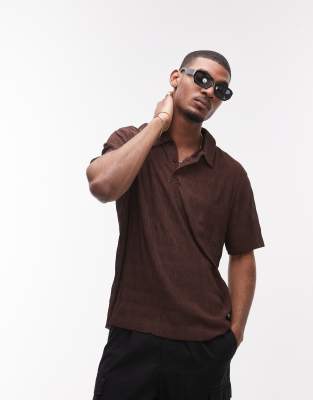 Topman Relaxed Fit Plisse Polo In Brown