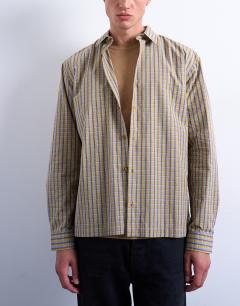 Model wearing Relaxed fit poplin check shirt in mustard