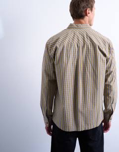 Model wearing Relaxed fit poplin check shirt in mustard