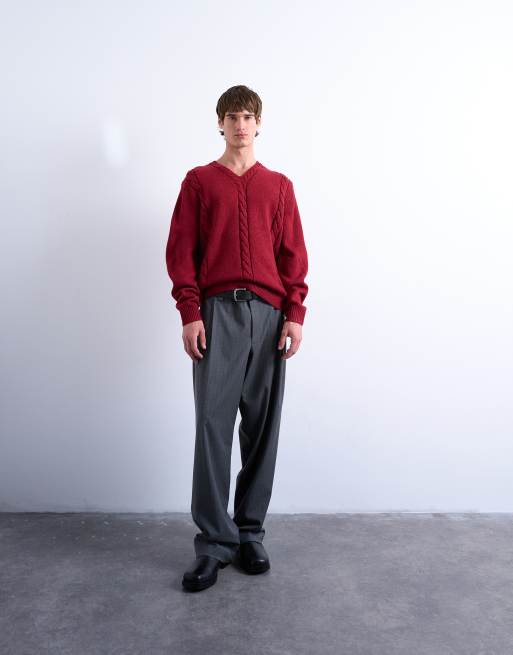 Topman – Relaxed Fit-Pullover in Rot mit Zopfmuster und V-Ausschnitt, 4 von 5