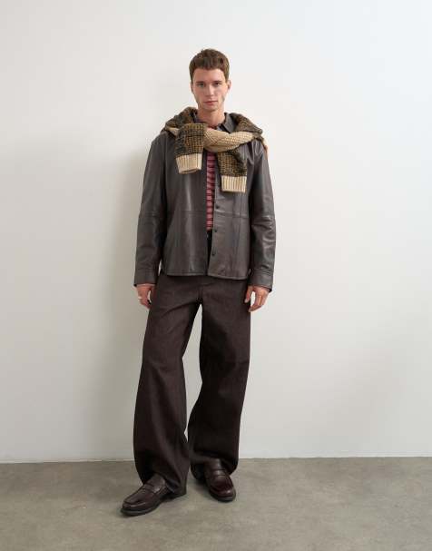 Topman relaxed fit real leather overshirt in chocolate brown - view 1