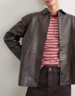 Model wearing Relaxed fit real leather overshirt in chocolate brown