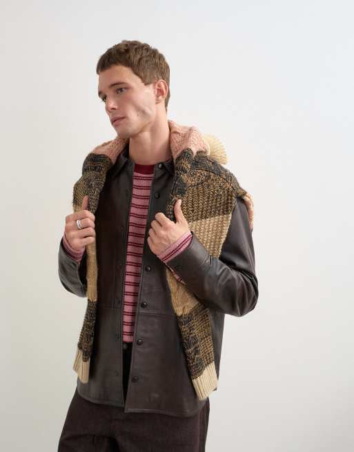 Topman relaxed fit real leather overshirt in chocolate brown, 4 of 5