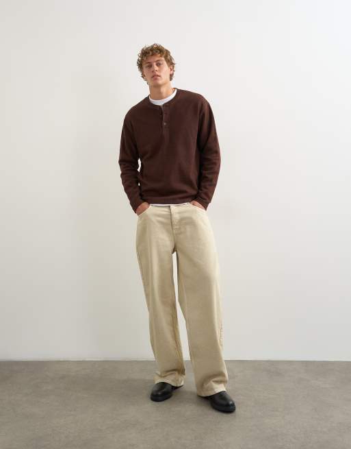 Topman relaxed fit rib henley in brown, 2 of 5