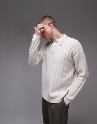 relaxed fit ribbed polo sweater in ecru-White