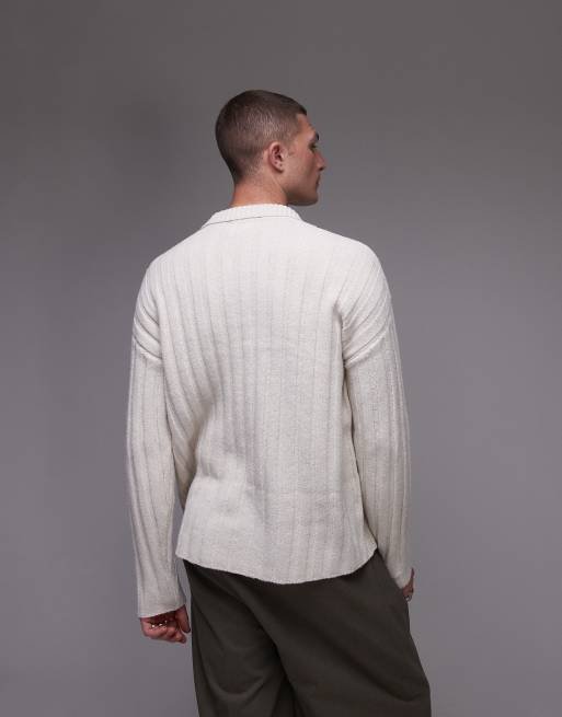 Topman relaxed fit ribbed polo sweater in ecru