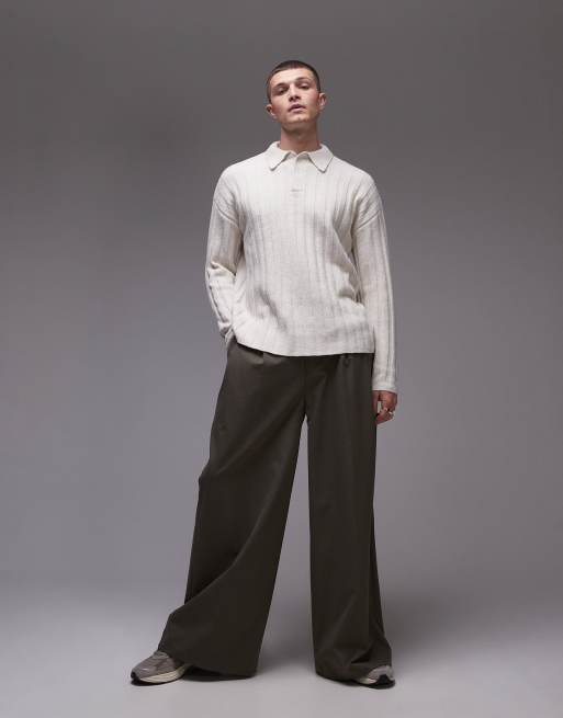 Topman relaxed fit ribbed polo sweater in ecru