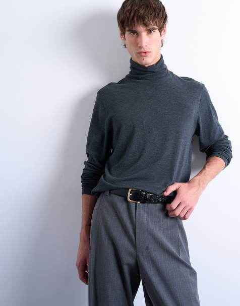 Topman relaxed fit roll neck long sleeve t-shirt in dark grey 