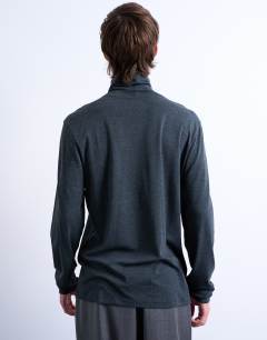 Model wearing Relaxed fit roll neck long sleeve t-shirt in dark grey 