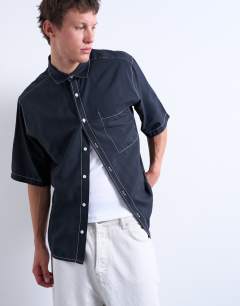 Relaxed fit shirt with contrast stitch detail in black
