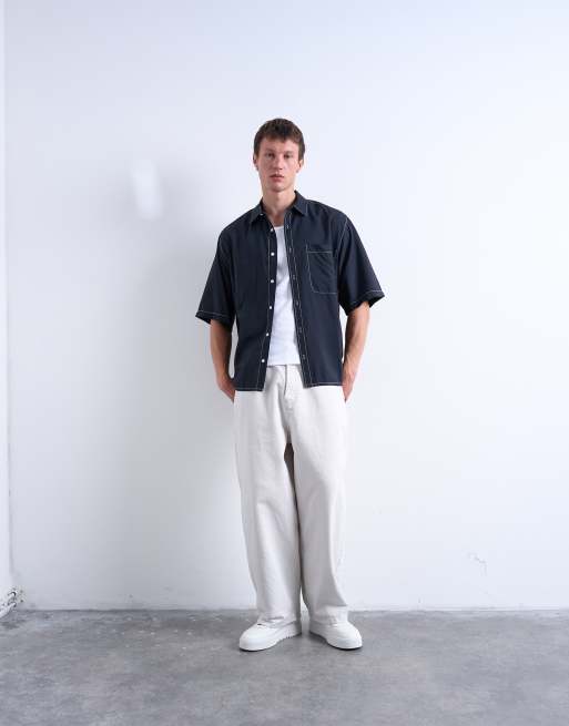 Topman relaxed fit shirt with contrast stitch detail in black