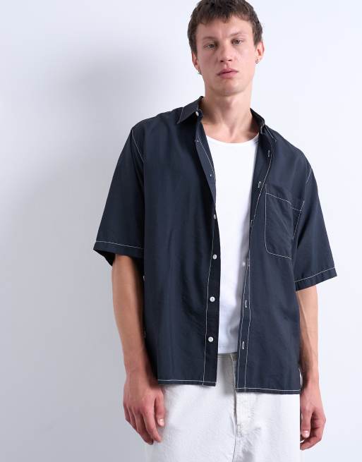 Topman relaxed fit shirt with contrast stitch detail in black, 3 of 5