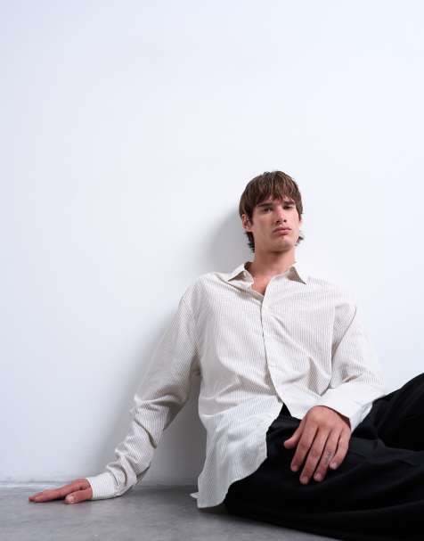 Topman relaxed fit shirt with fine stripe in cream - view 1