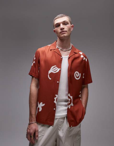 Topman relaxed fit short sleeve sun printed shirt in burnt red - view 1