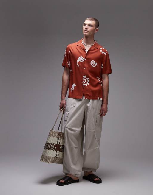 Topman relaxed fit short sleeve sun printed shirt in burnt red, 2 of 4