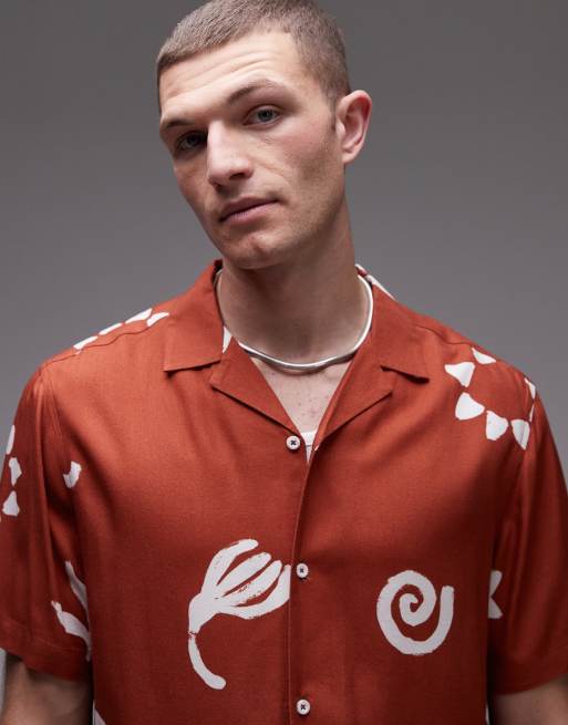 Topman relaxed fit short sleeve sun printed shirt in burnt red, 3 of 4