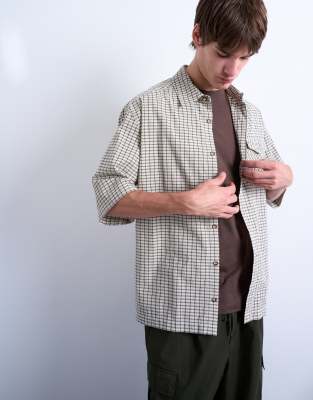 Topman relaxed fit short sleeve textured check shirt in stone-Neutral