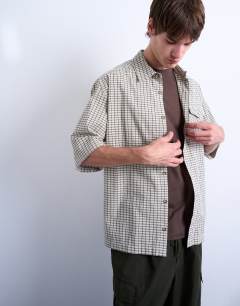 Relaxed fit short sleeve textured check shirt in stone