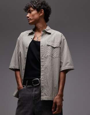 relaxed fit short sleeve textured plaid shirt in stone-Neutral