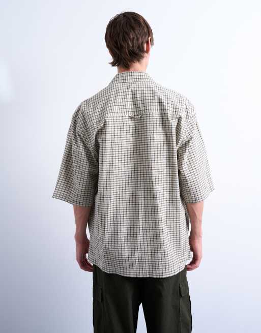 Topman relaxed fit short sleeve textured plaid shirt in stone, 3 of 5