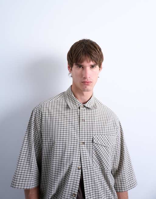 Topman relaxed fit short sleeve textured plaid shirt in stone, 4 of 5