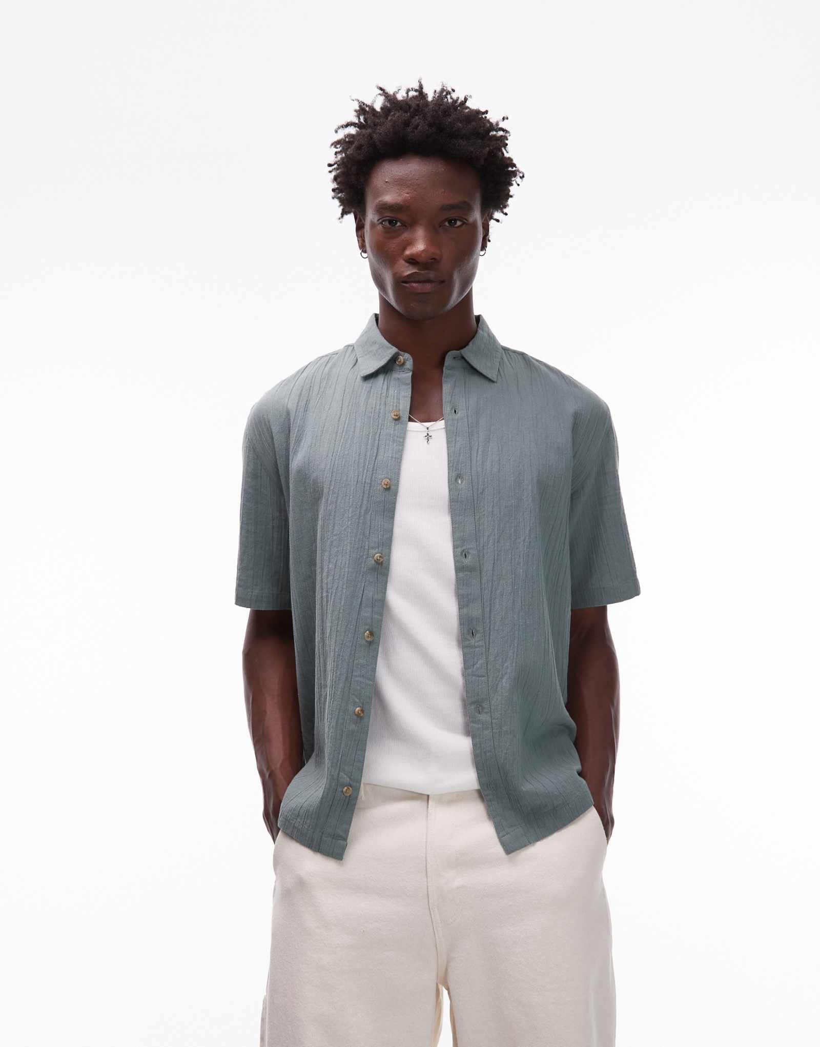 Текстурированная рубашка Topman свободного кроя с коротким рукавом цвета шалфея