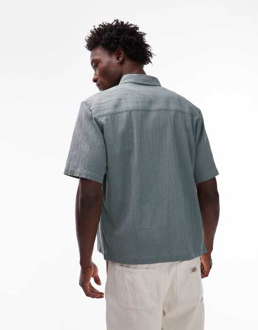 Topman relaxed fit short sleeve textured shirt in sage, 2 of 4