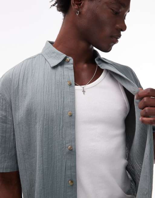 Topman relaxed fit short sleeve textured shirt in sage, 3 of 4