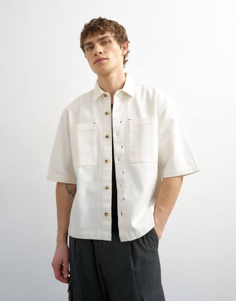 Topman relaxed fit short sleeve twill crop overshirt in contrast ecru - view 1