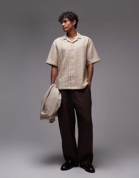 Topman relaxed fit short sleeve two tone textured shirt in stone - view 1