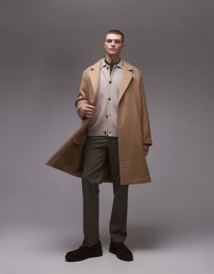 Topman Relaxed Fit Single Breasted Overcoat In Neutral