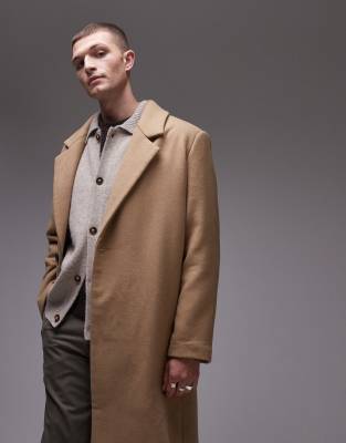 Topman Relaxed Fit Single Breasted Overcoat In Neutral
