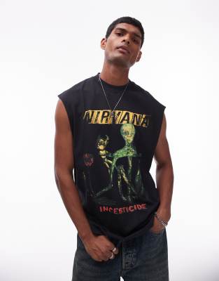 Topman relaxed fit sleeveless tank top with Nirvana insect in washed ...