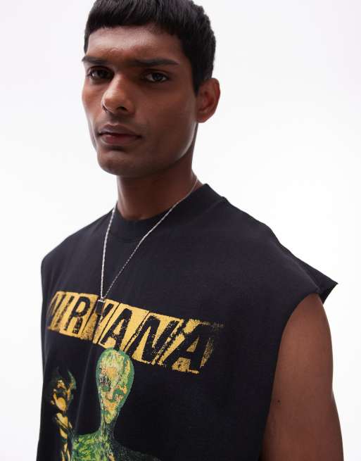 Topman relaxed fit sleeveless tank top with Nirvana insect in washed black, 2 of 4