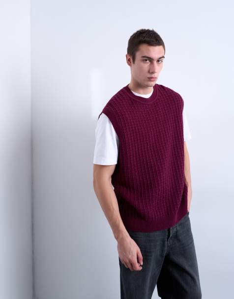 Topman – Relaxed-Fit-Strickpullunder in Burgunderrot mit Zopfmuster - view 1