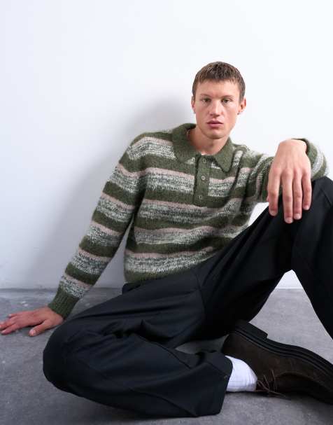 Topman relaxed fit stripe knitted polo in khaki - view 1