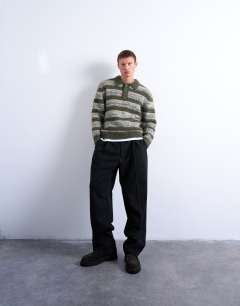 Model wearing Relaxed fit stripe knitted polo in khaki